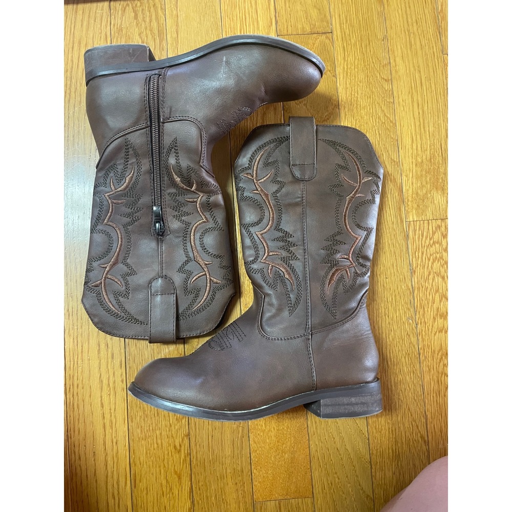Brown Faux Leather Western Cowboy Boots Side Zip Decorative Stitch Size 2 Kids